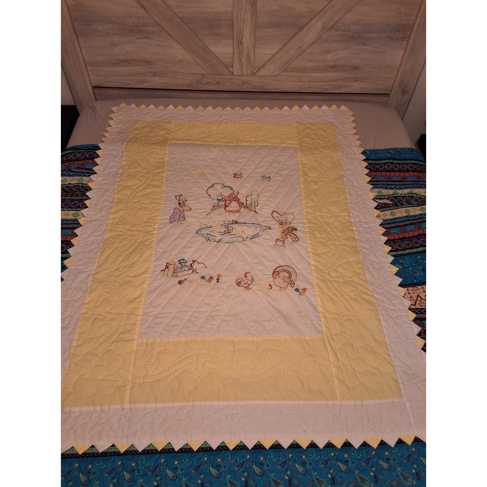 Vintage Hand Embroidered Baby Quilt Farm Scene Dutch Girl Windmill Yellow White